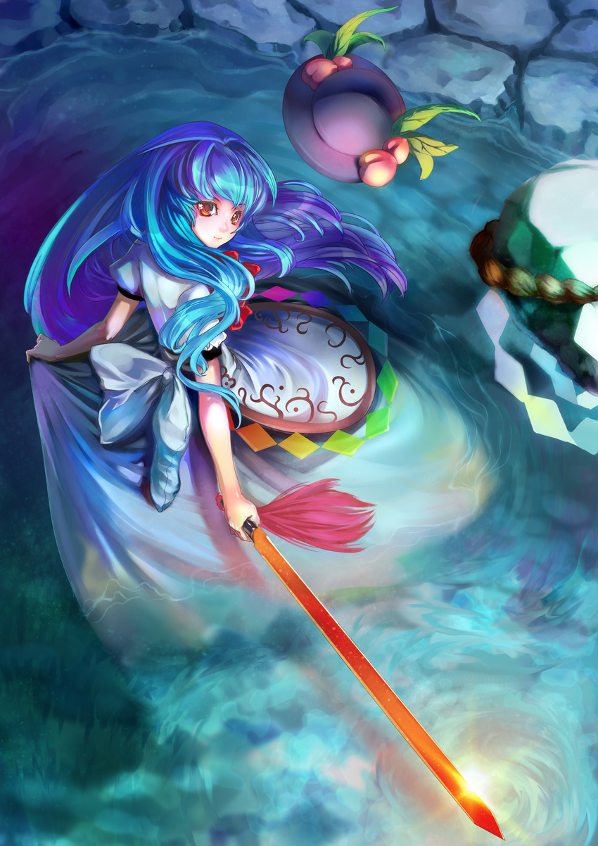 blue_hair bow dress food from_above fruit hat hat_removed headwear_removed highres hinanawi_tenshi keystone long_hair peach rock rope shide shimenawa skirt_hold smile solo st.microscope sword sword_of_hisou touhou water weapon yellow_eyes