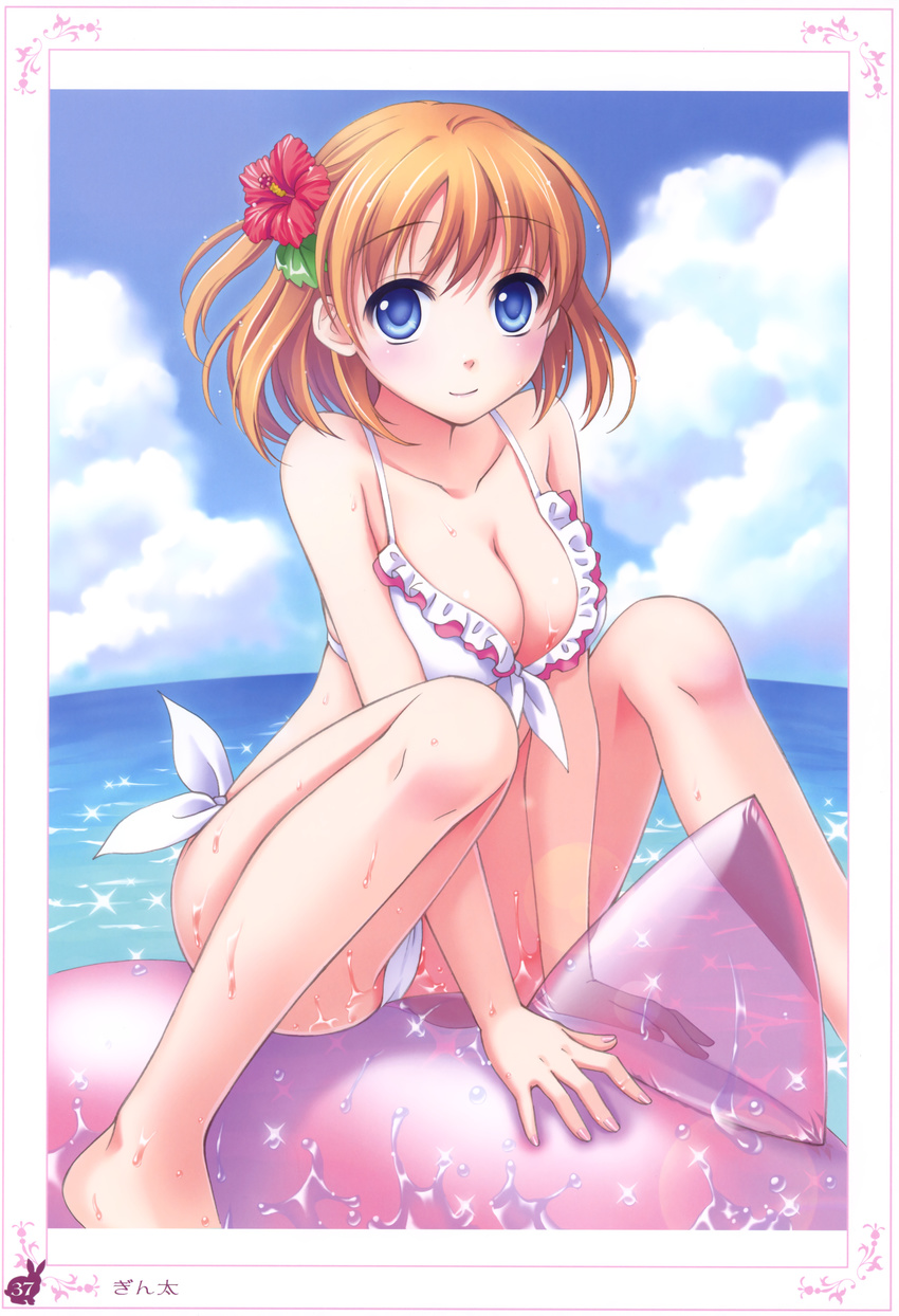 1girl absurdres bikini blue_eyes breasts cleavage cloud copyright_request flower frame frilled_bikini frills front-tie_top ginta hair_flower hair_ornament hibiscus highres inflatable_dolphin inflatable_toy large_breasts orange_hair side-tie_bikini sky smile solo sparkle swimsuit wet