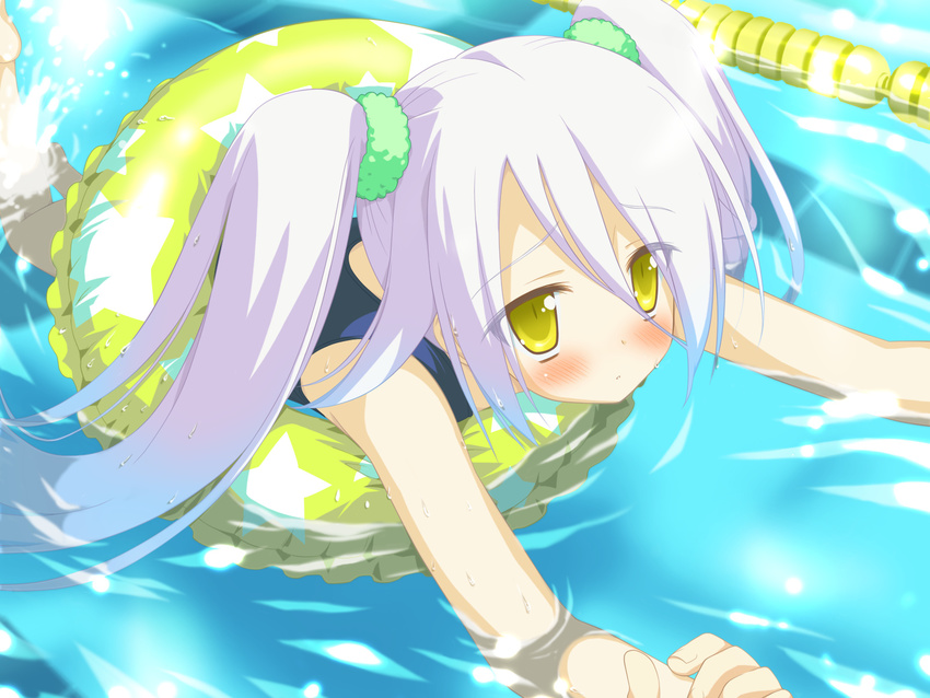 blush child game_cg highres hoshizora_no_memoria mare_s_ephemeral official_art one-piece_swimsuit school_swimsuit shida_kazuhiro swimming swimsuit twintails water white_hair yellow_eyes