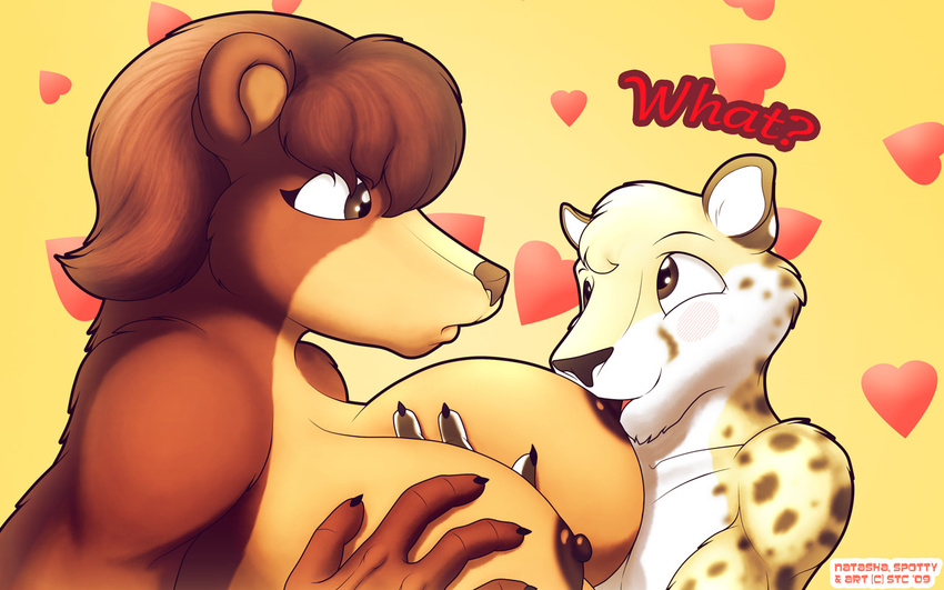 &hearts; bear big_breasts breast_lick breasts cheetah feline female lick licking male spotty_the_cheetah straight tongue