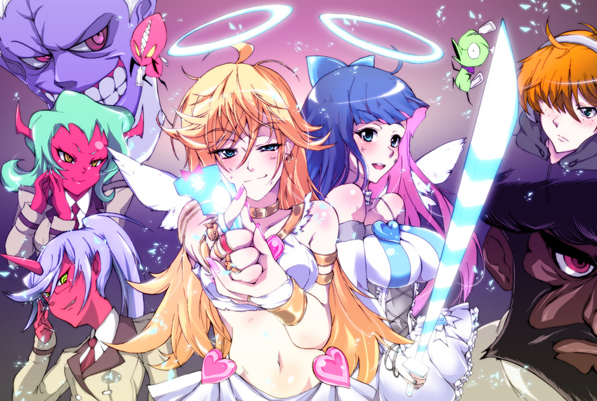 4girls afro aiming_at_viewer azu_(azzz) black_hair black_skin blonde_hair blue_eyes blush brief_(psg) chuck_(psg) corset_(psg) demon_girl demon_tail demon_wings everyone fastener_(psg) freckles garterbelt_(psg) green_eyes green_hair gun halo highres jewelry kneesocks_(psg) long_hair midriff multicolored_hair multiple_boys multiple_girls orange_hair panty_&amp;_stocking_with_garterbelt panty_(psg) purple_hair purple_skin red_eyes red_skin scanty_(psg) short_hair smile stocking_(psg) sword tail teeth two-tone_hair weapon wings