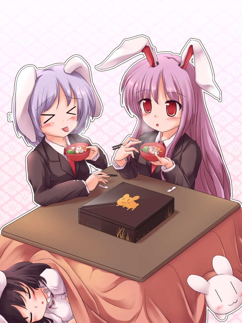 &gt;_&lt; animal_ears black_hair blazer blush bowl bunny bunny_ears cat's_tongue chopsticks closed_eyes eating highres inaba inaba_tewi jacket kotatsu lavender_hair long_hair lzh multiple_girls necktie purple_hair red_eyes reisen reisen_udongein_inaba short_hair sleeping table tongue touhou very_long_hair