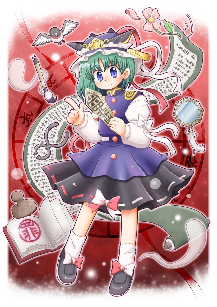 absurdres bird blue_eyes book calligraphy_brush cleansed_crystal_mirror flower ghost green_hair hand_mirror hat highres hitodama manaka_(pdx) mirror paintbrush rod_of_remorse scroll shiki_eiki short_hair smile solo stamp touhou