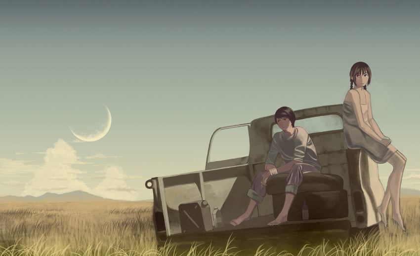 1girl bad_feet bad_id bad_pixiv_id black_hair bottle braid cloud commentary couple crescent_moon gas_can grass ground_vehicle hetero jerry_can moon motor_vehicle original plain shiira short_twintails sitting tire truck twintails