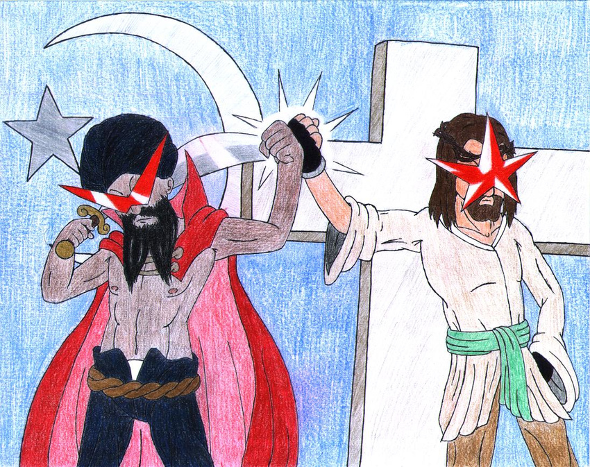 &dagger; afro beard black_hair brofist brown_hair cape crecent_moon_and_star crown_of_thorns draw_muhammad_day glasses hair jesus_christ kamina_shades kidloose moon muhammad respect_knuckles scimitar simon_shades star sunglasses sword topless turban weapon