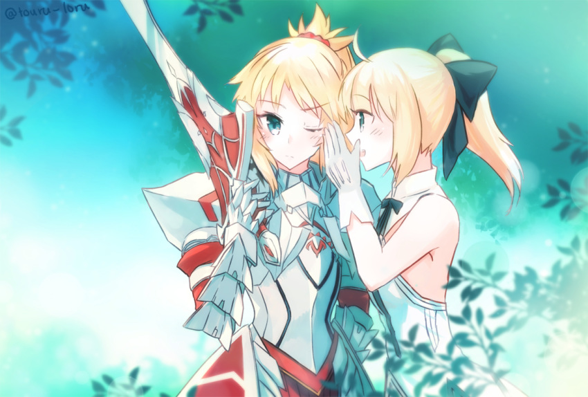 2girls armor artoria_pendragon_(all) black_bow black_ribbon blonde_hair blush bow clarent fate_(series) gauntlets gloves green_eyes hair_bow holding holding_sword holding_weapon long_hair mordred_(fate) mordred_(fate)_(all) multiple_girls neck_ribbon open_mouth outdoors ponytail ribbon saber_lily shoulder_armor sleeveless spaulders sword touru_10ru upper_body weapon white_gloves