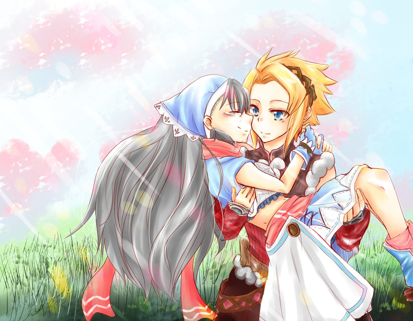 blonde_hair carrying karin_(rune_factory) mice mice_(rune_factory) midriff rune_factory rune_factory_3 silver_hair smile