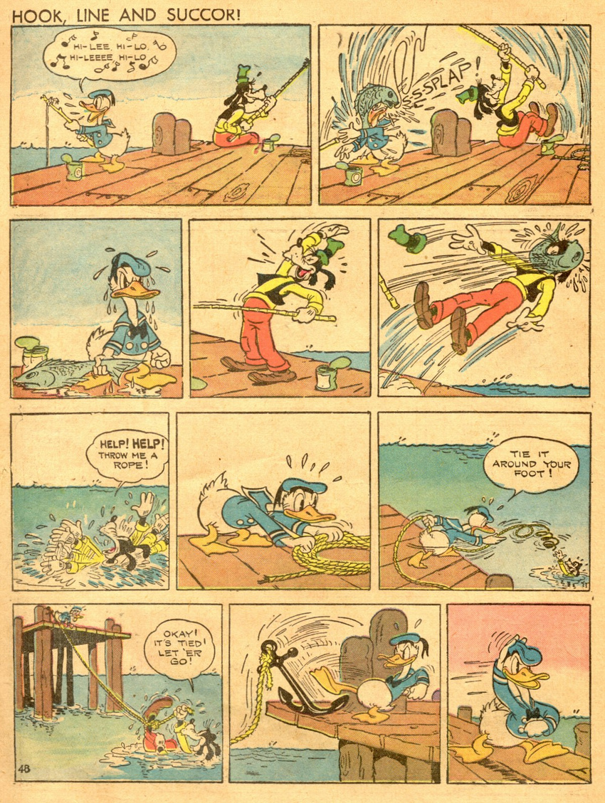 al_taliaferro anthro avian bird bottomless canine clothing comic dark_humor dialog disney dock dog donald donald_duck drowning duck duo english_text fish fishing funny goofy hat humor kill male mammal marine musical_note retro rope sea text water