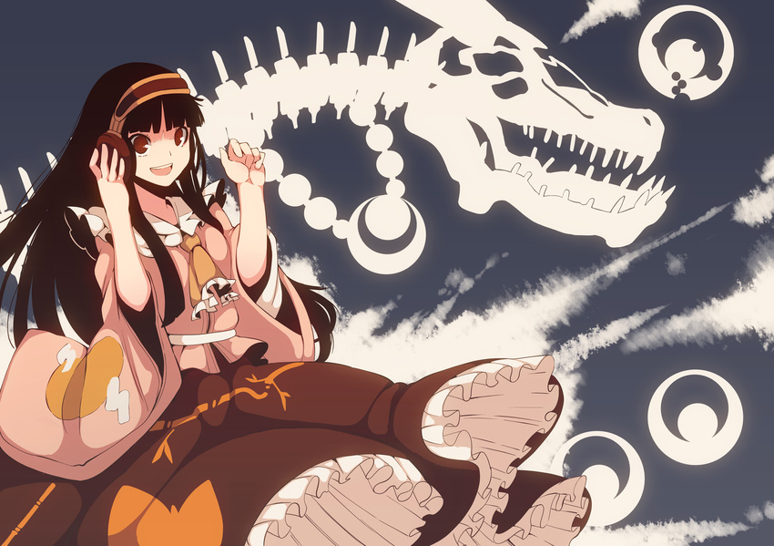 al_bhed_eyes bad_id bad_pixiv_id black_hair dinosaur fuurin_(omaemona) headphones highres houraisan_kaguya japanese_clothes long_hair red_eyes skeleton smile solo touhou