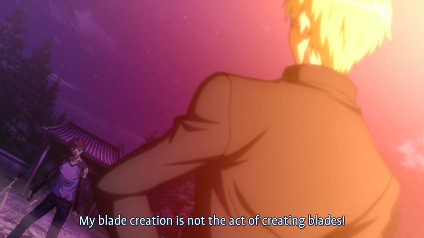 angry blonde_hair brown_hair clenched_hand cloud dutch_angle emiya_shirou fate/stay_night fate_(series) from_behind gilgamesh hand_on_hip male_focus multiple_boys night night_sky outdoors raglan_sleeves screencap short_hair sky standing subtitled sword tree unlimited_blade_works weapon