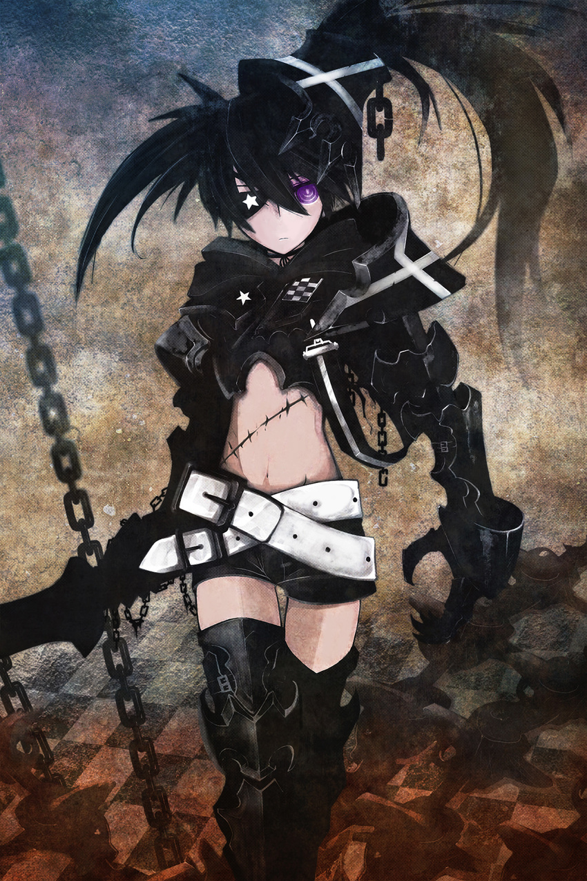 armor auer bad_id bad_pixiv_id belt black_hair black_rock_shooter chain eyepatch highres insane_black_rock_shooter loose_belt purple_eyes scar short_shorts shorts solo thighhighs twintails