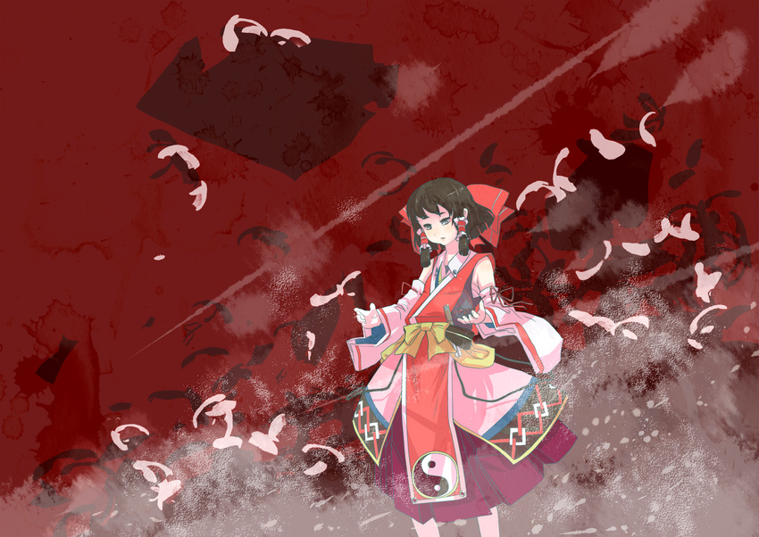 adapted_costume bow brown_hair detached_sleeves gozaemon hair_bow hakurei_reimu highres japanese_clothes promotions short_hair solo touhou yin_yang