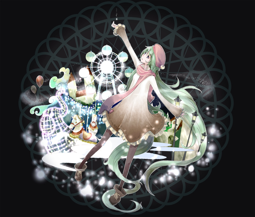 carousel dress ferris_wheel green_hair hat hatsune_miku highres long_hair night outstretched_arm pantyhose scarf shimizukaeru solo twintails very_long_hair vocaloid