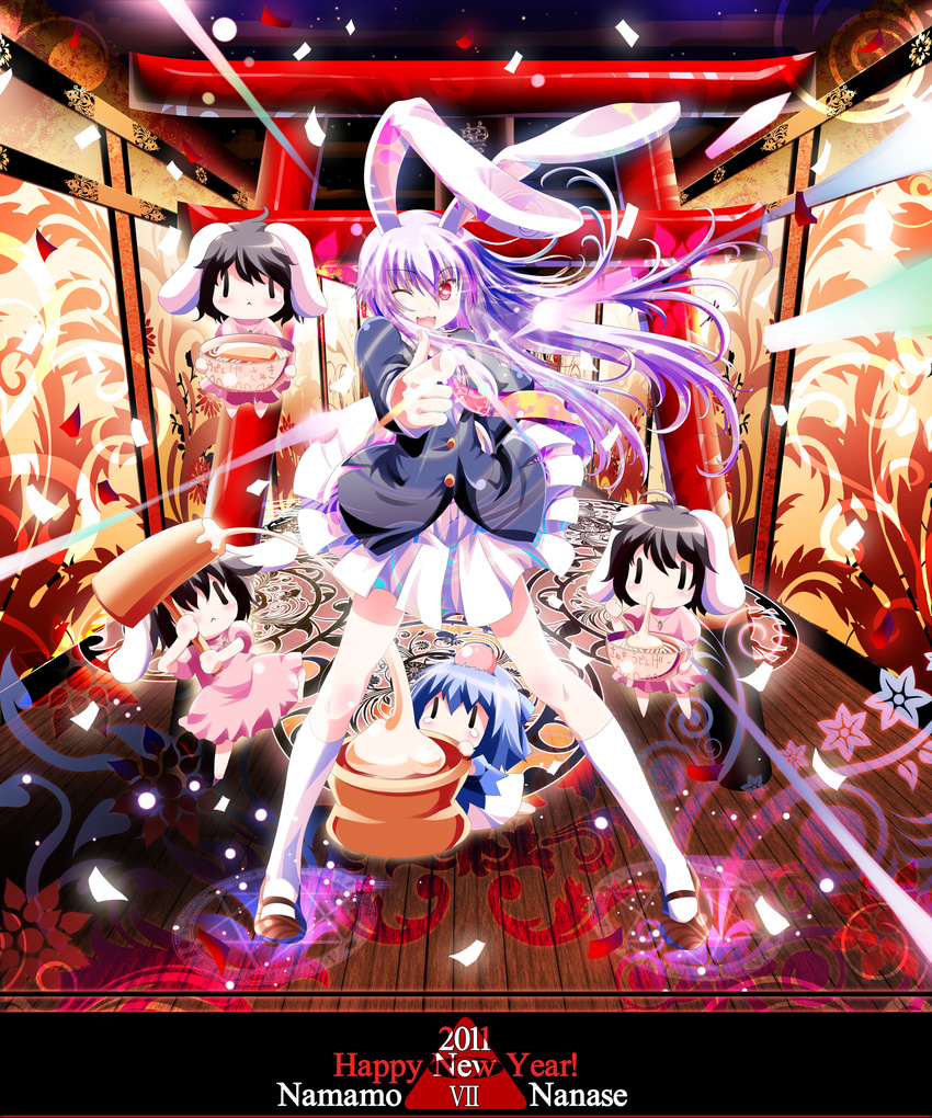 absurdres animal_ears bunny_ears chibi cirno highres inaba_tewi long_hair minigirl multiple_girls namamo_nanase purple_hair red_eyes reisen_udongein_inaba short_hair torii touhou