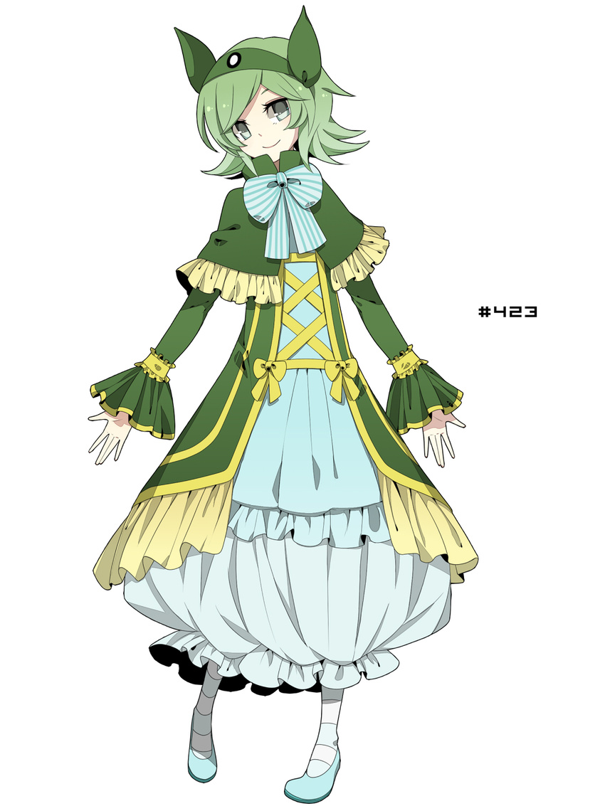 blue_bow blue_footwear blue_legwear bow dress frills full_body gastrodon gen_4_pokemon green_dress green_eyes green_hair green_hairband grey_eyes hairband highres looking_at_viewer merlusa open_hands palms personification pigeon-toed pokemon shoes short_hair simple_background smile solo standing striped striped_bow striped_legwear white_background