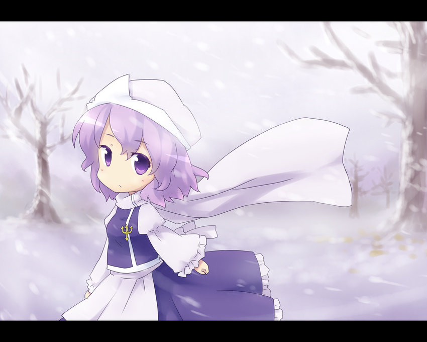 bare_tree hat highres letterboxed letty_whiterock purple_eyes purple_hair scarf short_hair snow solo touhou tree white_scarf winter yamabuki_(yusuraume)