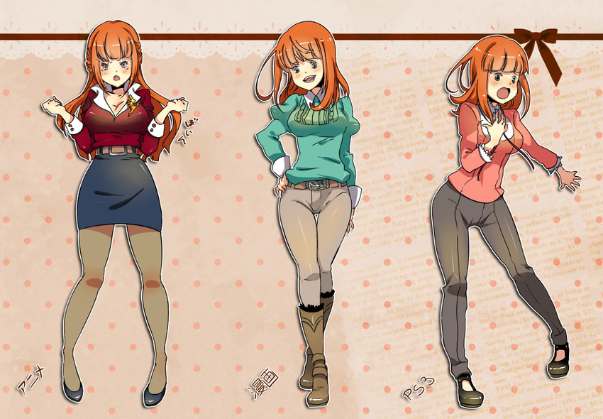 ai-wa alternate_hairstyle blue_eyes blush boots breasts cleavage hair_down hand_on_hip hand_on_own_chest high_heels large_breasts long_hair multiple_persona open_mouth orange_hair outstretched_arm pants pantyhose ribbon shoes short_hair skirt umineko_no_naku_koro_ni ushiromiya_eva younger