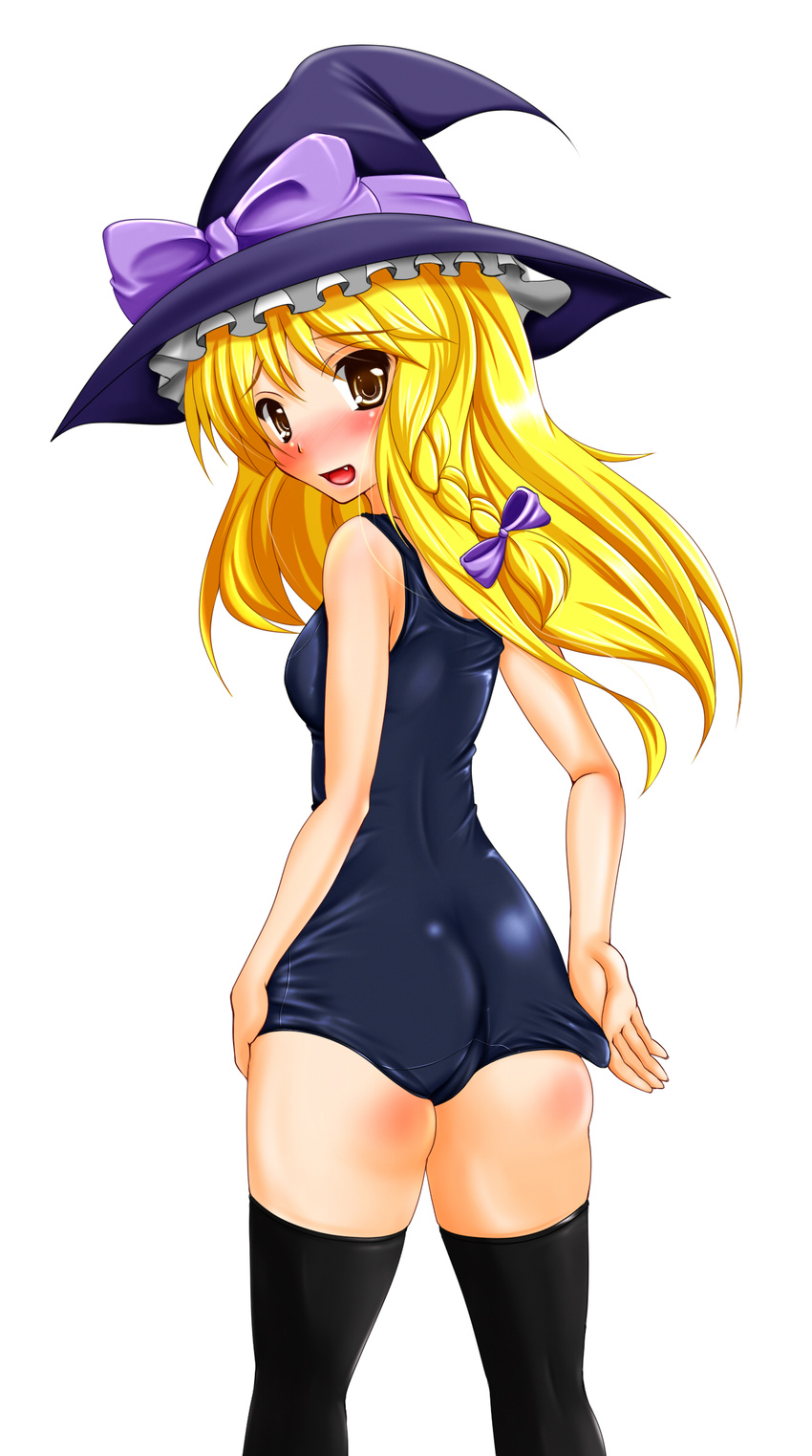 adjusting_clothes adjusting_swimsuit bad_id bad_pixiv_id black_legwear blonde_hair blush braid fang from_behind hat highres kirisame_marisa looking_back one-piece_swimsuit school_swimsuit shiny shiny_clothes skindentation solo standing swimsuit tera_hiroshi thighhighs touhou witch_hat yellow_eyes