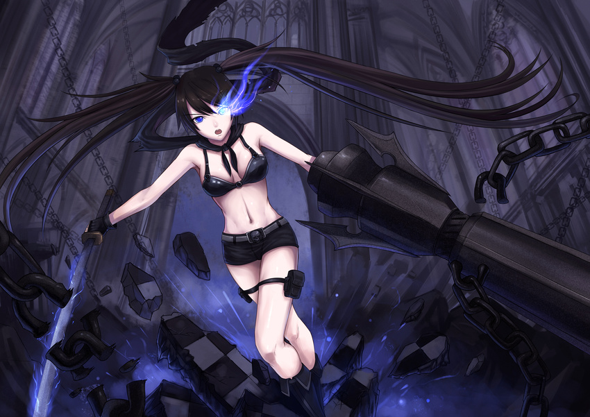 absurdres arm_cannon bare_shoulders belt bikini black_bikini black_hair black_rock_shooter black_rock_shooter_(character) blue_eyes boots breasts broken_ground burning_eye chain crossed_legs fingerless_gloves gloves glowing glowing_eye highres huge_weapon jun_(goodgun7) katana knee_boots long_hair looking_at_viewer medium_breasts midriff navel open_mouth scarf short_shorts shorts skull solo standing swimsuit sword thigh_strap twintails very_long_hair weapon