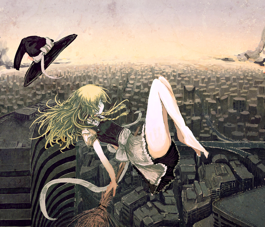 ashiyama_yoshinori bare_legs barefoot blonde_hair braid broom broom_riding cityscape contemporary floating hat hat_removed headwear_removed highres horizon kirisame_marisa legs long_hair scenery solo touhou twin_braids witch_hat