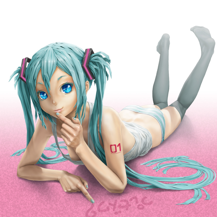 absurdres aqua_hair bad_id bad_pixiv_id blue_eyes downblouse face feet foreshortening hair_over_shoulder hands hatsune_miku highres lips long_hair lying on_stomach panties pi_(pppppchang) smile solo striped striped_panties thighhighs translated twintails underwear very_long_hair vocaloid