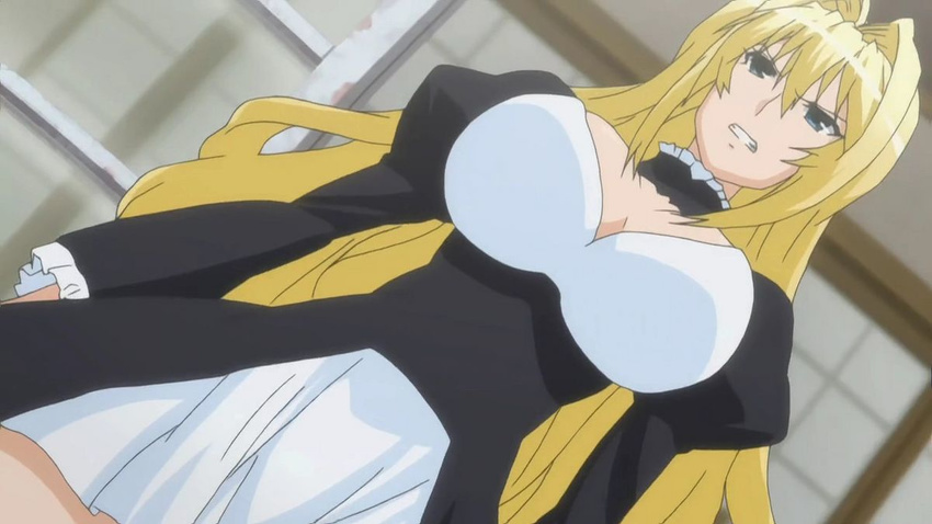 angry blonde_hair breasts choker cleavage clenched_teeth green_eyes large_breasts long_hair screencap sekirei solo standing tsukiumi white