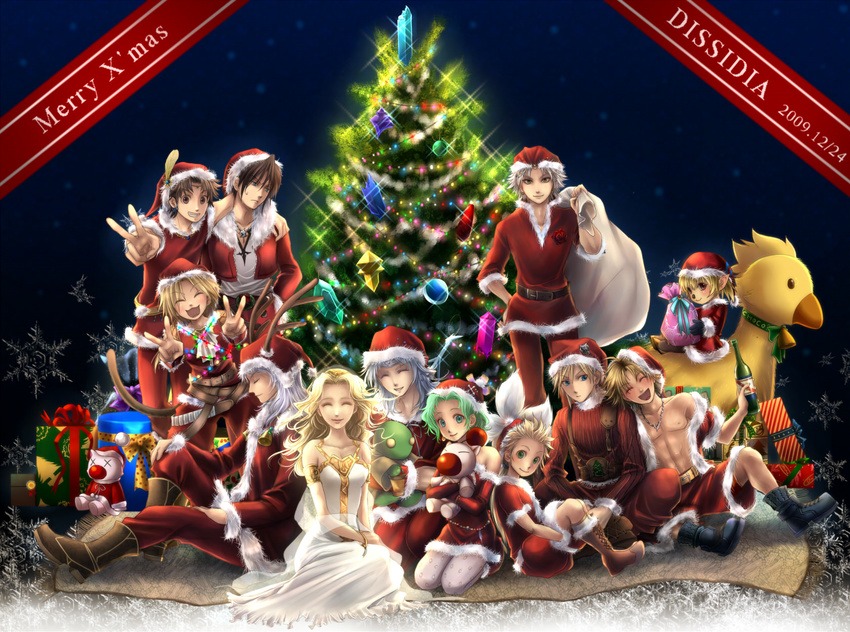 :3 antlers blonde_hair blue_eyes bottle brown_eyes brown_hair butz_klauser cecil_harvey character_request chocobo christmas christmas_tree cloud_strife cosmos_(dff) crystal dissidia_final_fantasy everyone eyes_closed feathers final_fantasy final_fantasy_i final_fantasy_ii final_fantasy_iii final_fantasy_iv final_fantasy_ix final_fantasy_v final_fantasy_vi final_fantasy_vii final_fantasy_viii final_fantasy_x final_fantasy_xi flower frioniel gift green_eyes green_hair hat highres michihana moogle name_characters onion_knight open_mouth pantyhose photoshop reina_(artist) rose sack santa_costume santa_hat shantotto sitting smile squall_leonhart stuffed_animal stuffed_toy tarutaru tidus tina_branford tonberry v warrior_of_light white_hair zidane_tribal