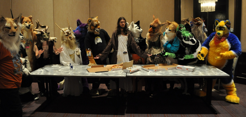 canine cat chubby dax dog eyewear fat feline female food fursuit goggles horn horns human inspired_by_proper_art jesus jesus_christ leonardo_da_vinci_(artist) male mammal overweight real robe tableau the_last_supper vest wolf