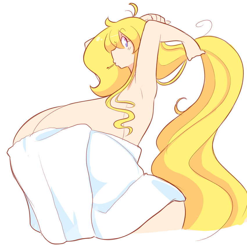 1girl blonde_hair blue_eyes breasts curvy gigantic_breasts long_hair solo theycallhimcake towel very_long_hair