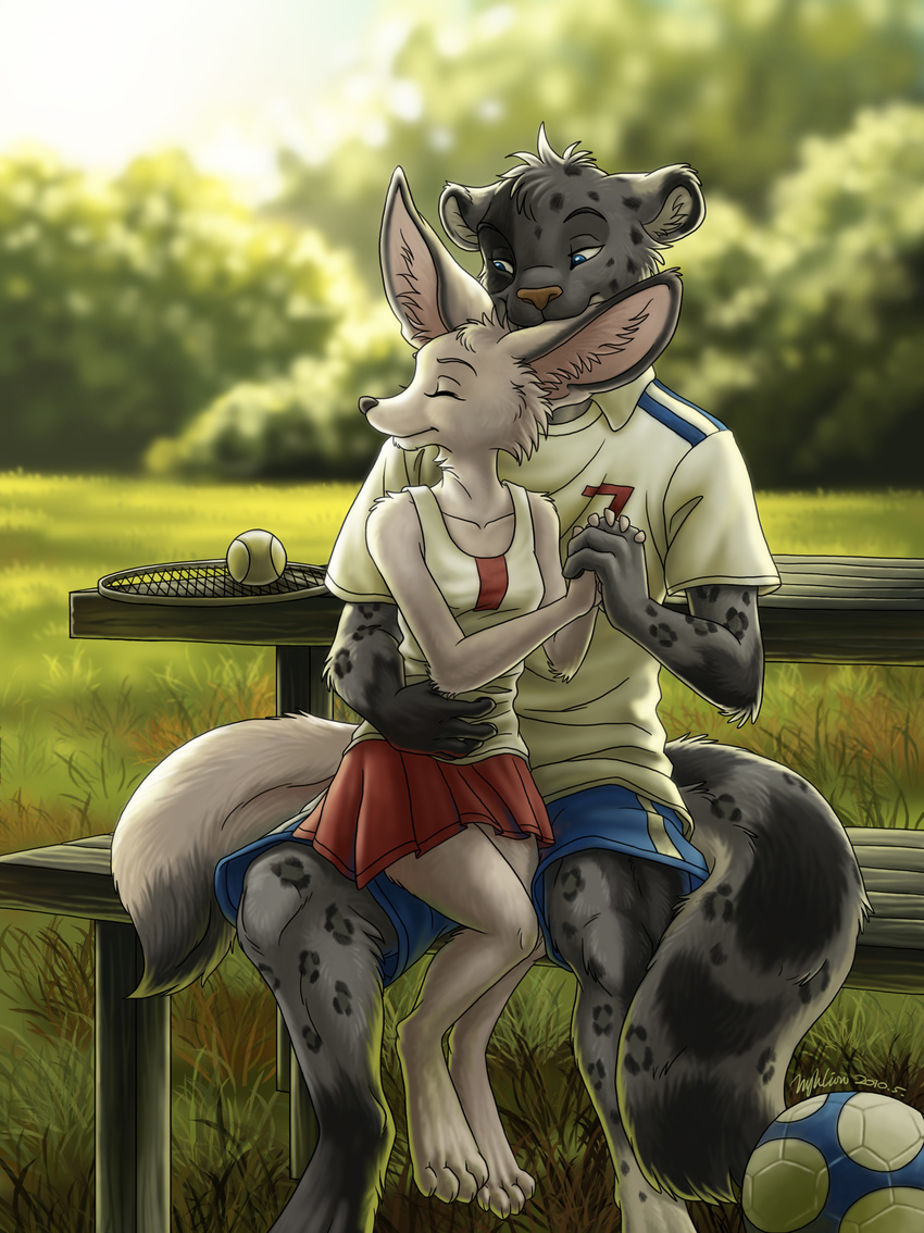 bench canine feline female fennec fox hi_res hybrid hyhlion lap love male nibble nom panther park shorts skirt snow_leopard soccer sports teen tennis young