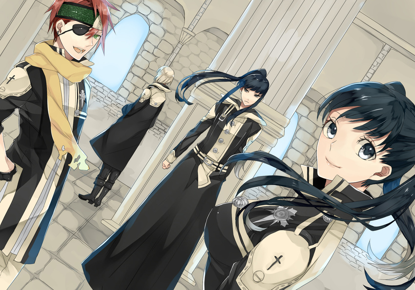 3boys allen_walker bad_id bad_pixiv_id black_hair d.gray-man eyepatch highres kanda_yuu kotobuki_(medetai) lavi lenalee_lee long_hair male_focus multiple_boys ponytail red_hair short_hair twintails uniform white_hair