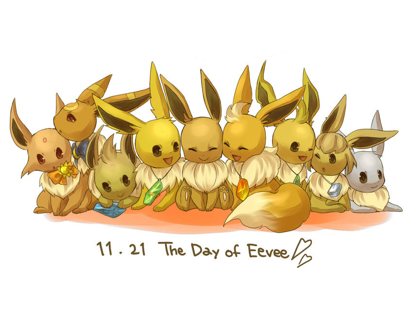 ambiguous_gender bow brown_eyes brown_hair chest_tuft eevee eeveelutions espeon eyes_closed feral flareon glaceon hair hindpaw jewel jolteon lead leafeon lying necklace open_mouth pawpads pok&eacute;mon red_eyes sitting smile spreading tail umbreon vaporeon white_hair wink