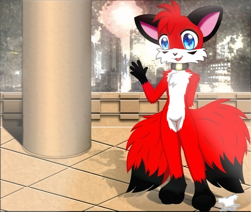 blue_eyes canine chest_tuft collar cute fox jamesfoxbr jonhs-kitsune_(character) kitsune looking_at_viewer male multiple_tails nude open_mouth red solo standing tail