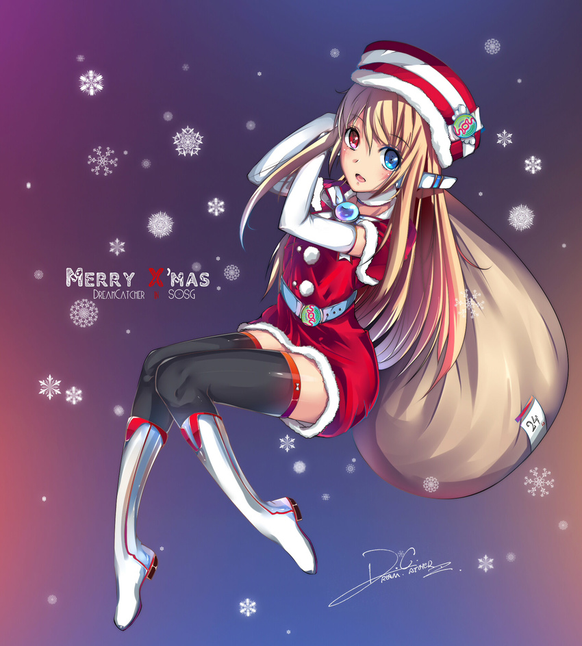 antenna_hair black_legwear blue_eyes blush boots christmas dreamcatcher elbow_gloves gloves hat heterochromia highres open_mouth original personification red_eyes sack santa_costume snowflakes solo sos-dan_logo sos_ji suzumiya_haruhi_no_yuuutsu thighhighs white_gloves