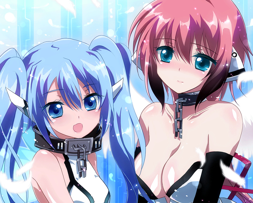 angel_wings bare_shoulders blue_eyes blue_hair blush breasts chain cleavage collar flat_chest ichiyou_moka ikaros large_breasts long_hair multiple_girls nymph_(sora_no_otoshimono) open_mouth pink_hair short_hair sora_no_otoshimono wings