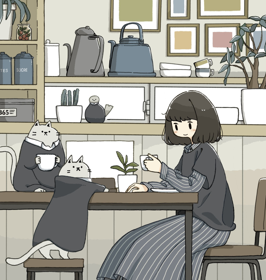 1girl black_eyes black_hair black_shirt blush cat chair collared_dress cup dress highres holding holding_cup indoors leaf long_sleeves multiple_cats no_nose original plant shirt short_hair short_over_long_sleeves short_sleeves smile striped striped_dress table tameikirakuda