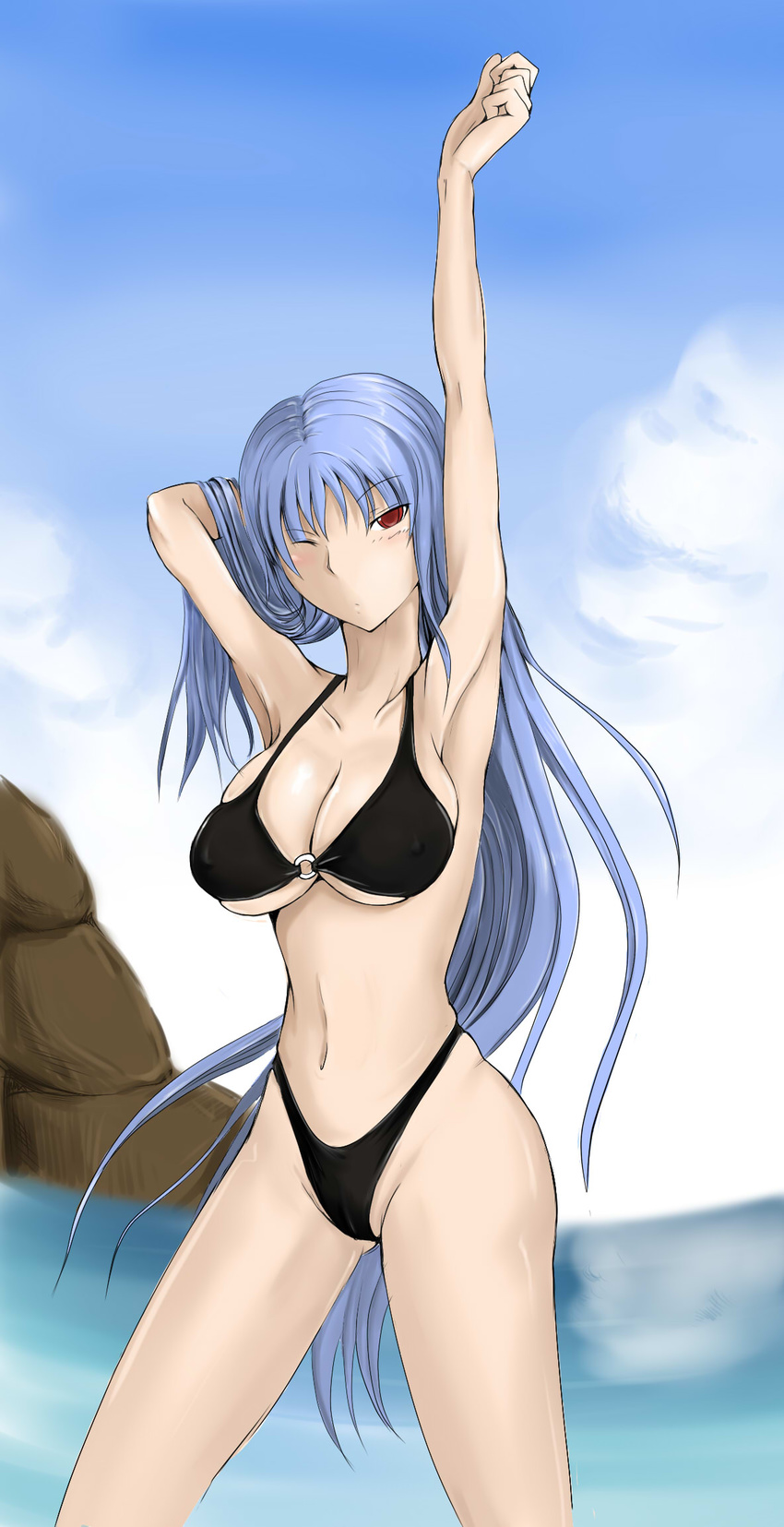 adjusting_hair armpits arms_up bikini blue_hair breasts cleavage female highres long_hair love0zxc midriff one_eye_closed outdoors red_eyes selvaria_bles senjou_no_valkyria senjou_no_valkyria_1 sky solo swimsuit wink yuuge_ningen