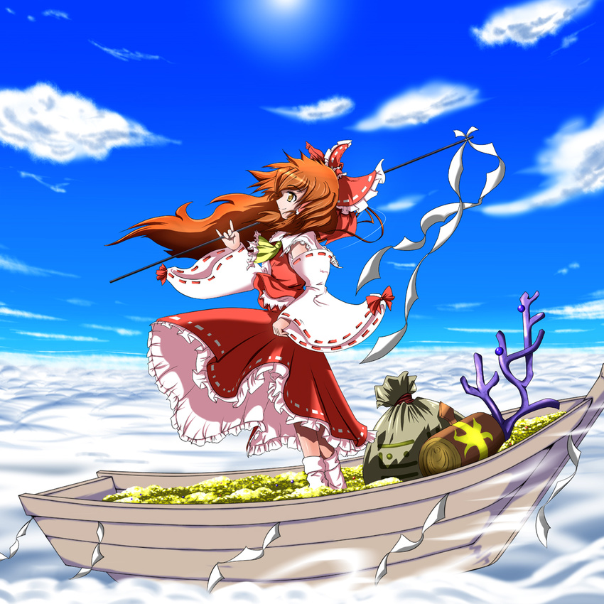 aircraft airship bag boat bow brown_hair cloud day detached_sleeves flying gohei gold hair_bow hakurei_reimu highres kado long_hair sack shide skirt sky smile solo touhou treasure undefined_fantastic_object watercraft