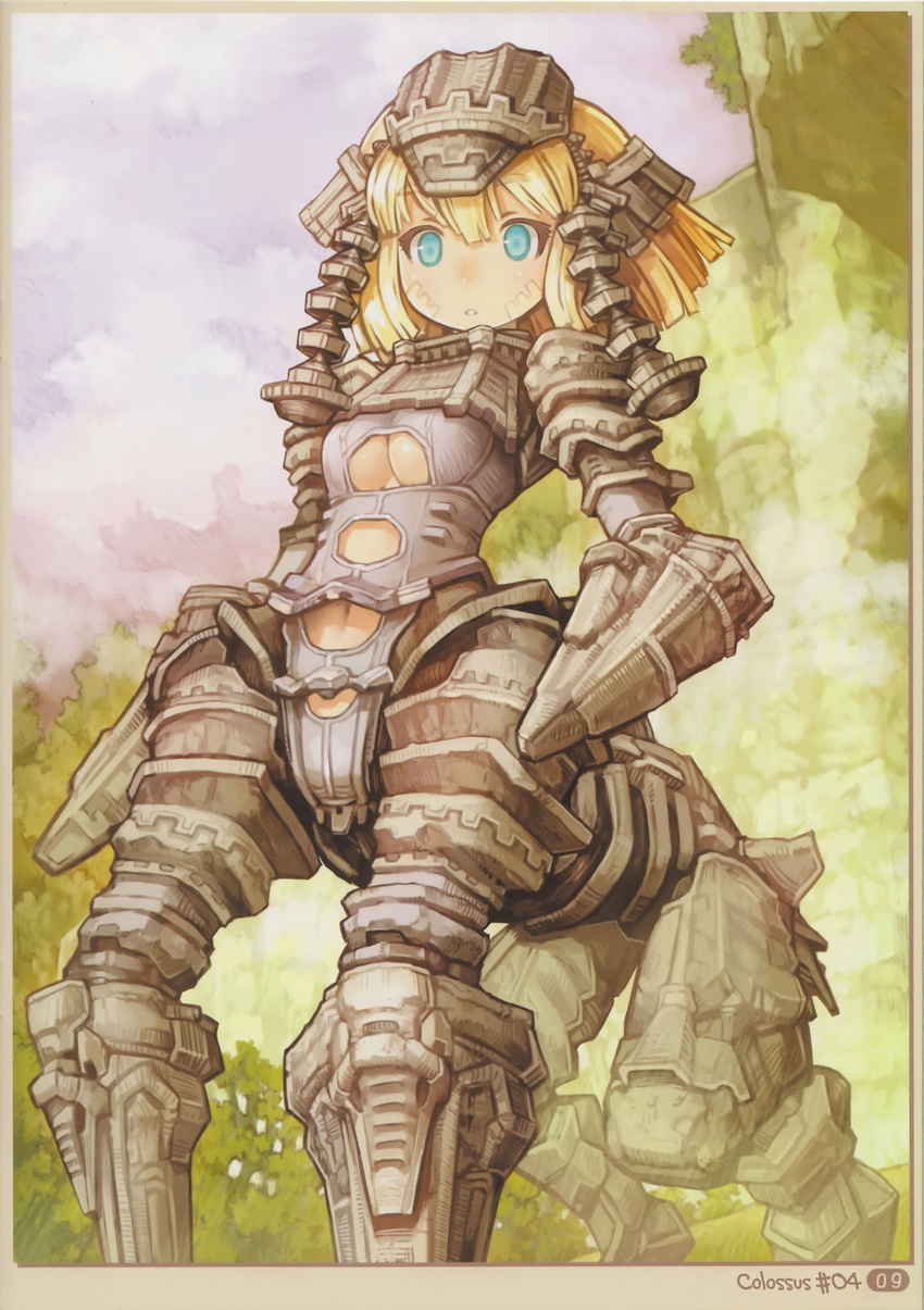 armor blonde_hair blue_eyes breasts centaur colossus equus_bellator_apex equus_prime facial_tattoos female gatten hair kyozou_musume phaedra shadow shadow_of_the_colossus short_hair solo taur