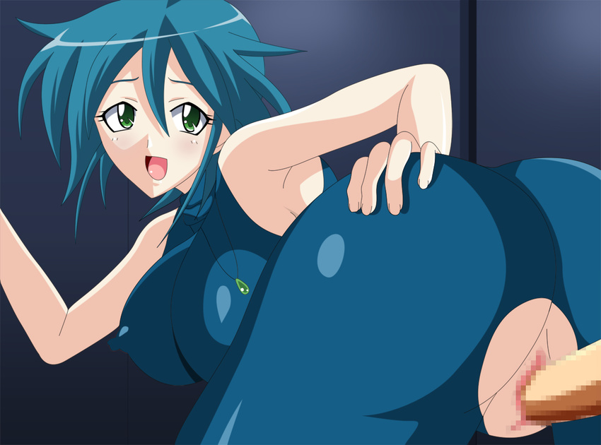 1girl allenby_beardsley ass bent_over blue_hair blush censored crotchless erect_nipples from_behind g_gundam green_eyes gundam prede pussy sex torn_clothes vaginal