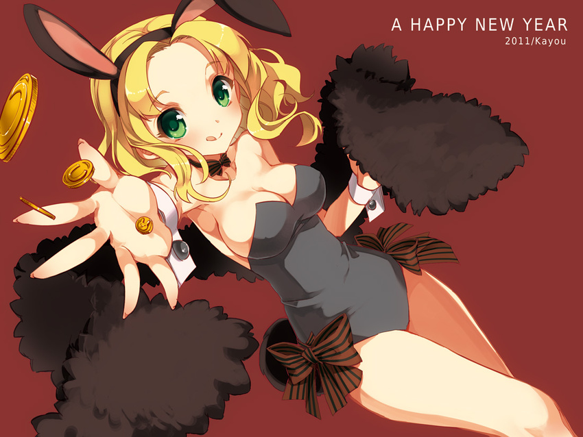 2011 :q animal_ears bare_legs bare_shoulders bow breasts bunny_ears bunnysuit cleavage coin green_eyes kayou_(kayou-bi) medium_breasts new_year original short_hair solo tongue tongue_out wrist_cuffs
