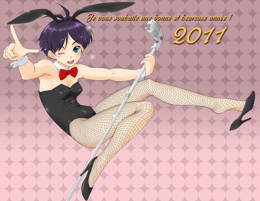 2011 animal_ears black_hair blue_eyes bunny_ears bunnysuit fishnet_pantyhose fishnets french idolmaster idolmaster_(classic) kikuchi_makoto kirio_(ccr00235) microphone microphone_stand new_year pantyhose plantar_flexion shoe_dangle short_hair solo wind