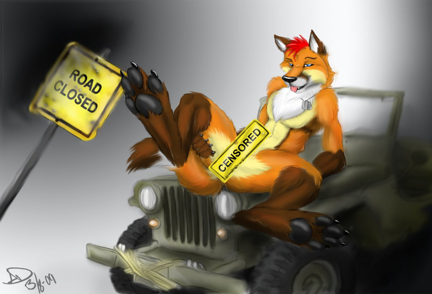 2009 army blank_background blue_eyes canine censored chest_tuft colored digitigrade dog_tags fox hair hindpaw jeep labbedog leaning_back male nude open_mouth red_hair sign sitting solo spark_(character) spread_legs spreading tongue vehicle