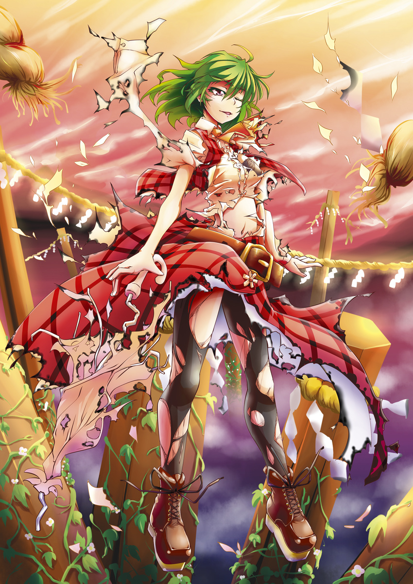 absurdres ascot belt broken_umbrella green_hair highres kazami_yuuka long_skirt midriff mokei onbashira one_eye_closed pantyhose plaid plaid_skirt plaid_vest plant red_eyes rope shide shimenawa short_hair skirt skirt_set smile solo sunset torn_clothes torn_legwear touhou vest vines