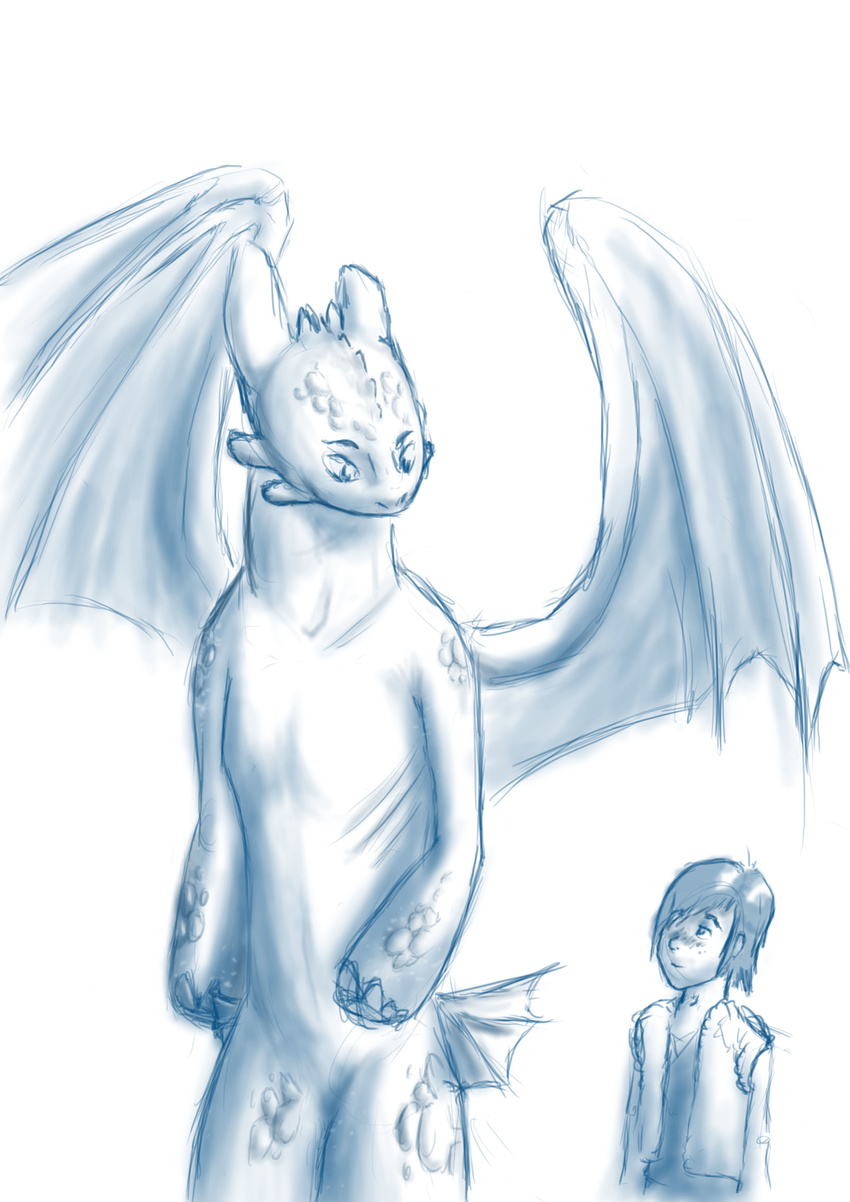 anthro blue blue_and_white clothing cute dragon hi_res hiccup hiccup_(httyd) how_to_train_your_dragon mattle monochrome night_fury plain_background sketch toothless unknown_artist white_background wings