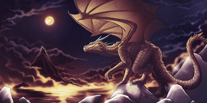 2010 blue_eyes chromamancer clouds dragon feral hi_res horns male night sky solo stars tail water wings