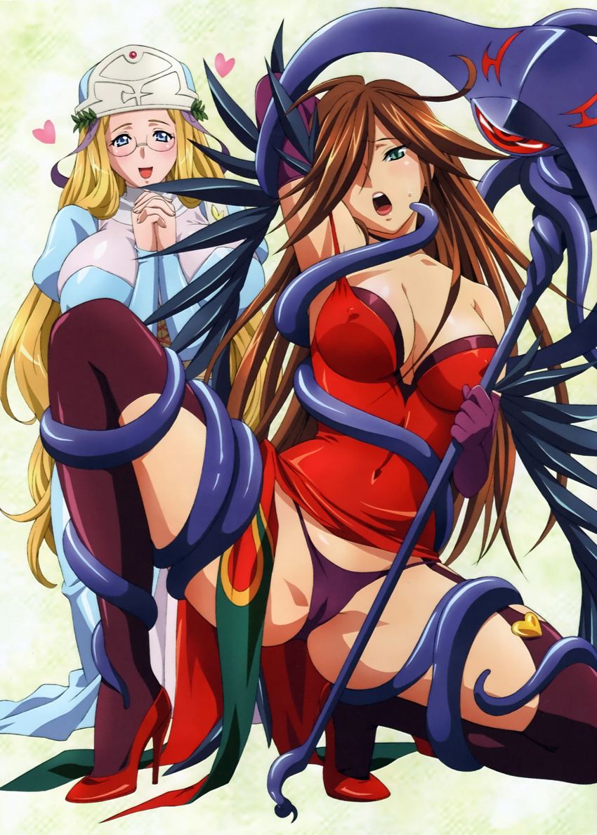 absurdres ahoge black_legwear blonde_hair blue_eyes blush breasts brown_hair cleavage elbow_gloves glasses gloves green_eyes hair_over_one_eye hat heart highres large_breasts long_hair melpha multiple_girls non-web_source nyx official_art open_mouth panties queen's_blade staff tentacles thighhighs underwear very_long_hair