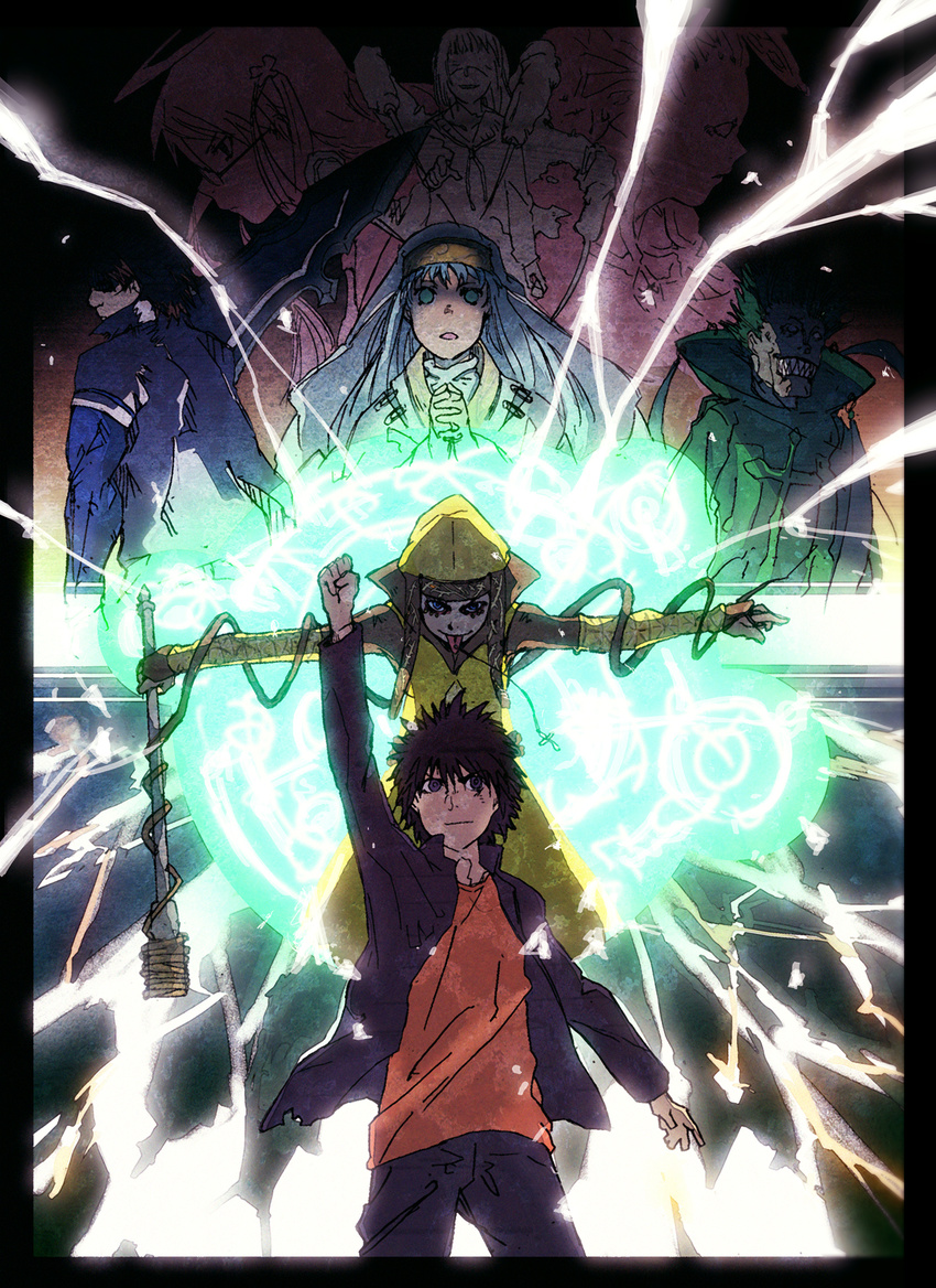3girls 4boys acqua_of_the_back androgynous archangel_gabriel arm_up black_hair cowboy_shot electricity fiamma_of_the_right god's_right_seat highres index kamijou_touma kazakiri_hyouka long_sleeves magic multiple_boys multiple_girls pants short_hair standing terra_of_the_left to_aru_majutsu_no_index vent_of_the_front