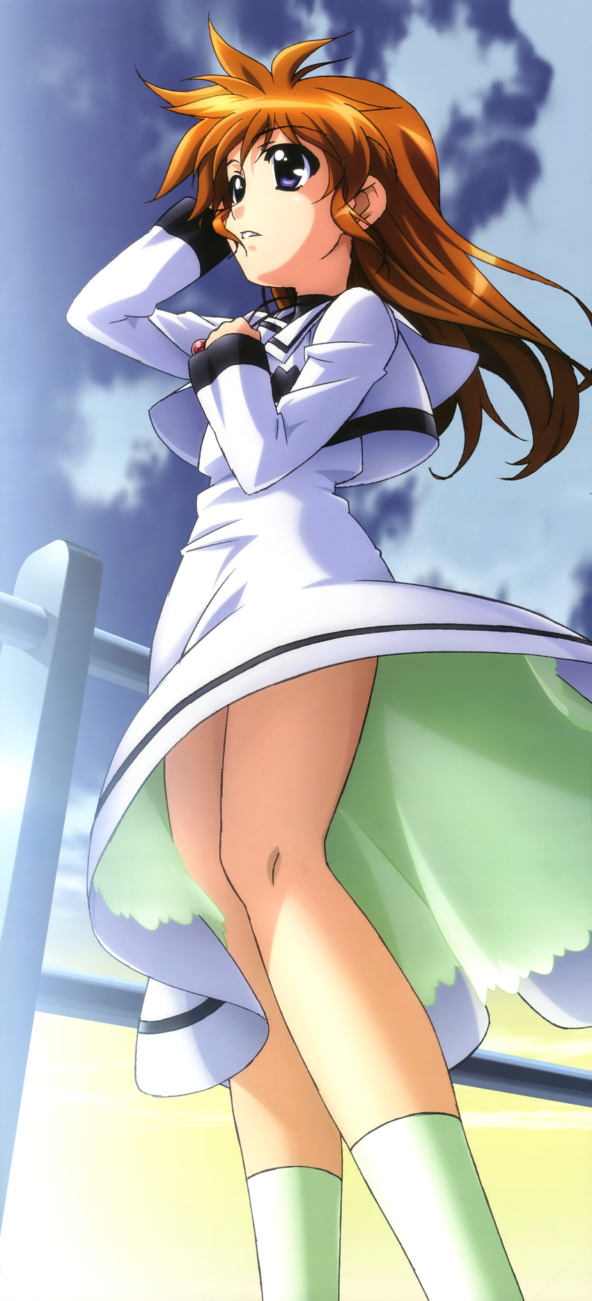 absurdres brown_hair cloud day green_legwear hair_down hashimoto_takayoshi highres legs long_hair long_image lyrical_nanoha mahou_shoujo_lyrical_nanoha mahou_shoujo_lyrical_nanoha_the_movie_1st non-web_source nyantype official_art purple_eyes scan school_uniform seishou_elementary_school_uniform serafuku sky socks solo stick_poster takamachi_nanoha tall_image wind