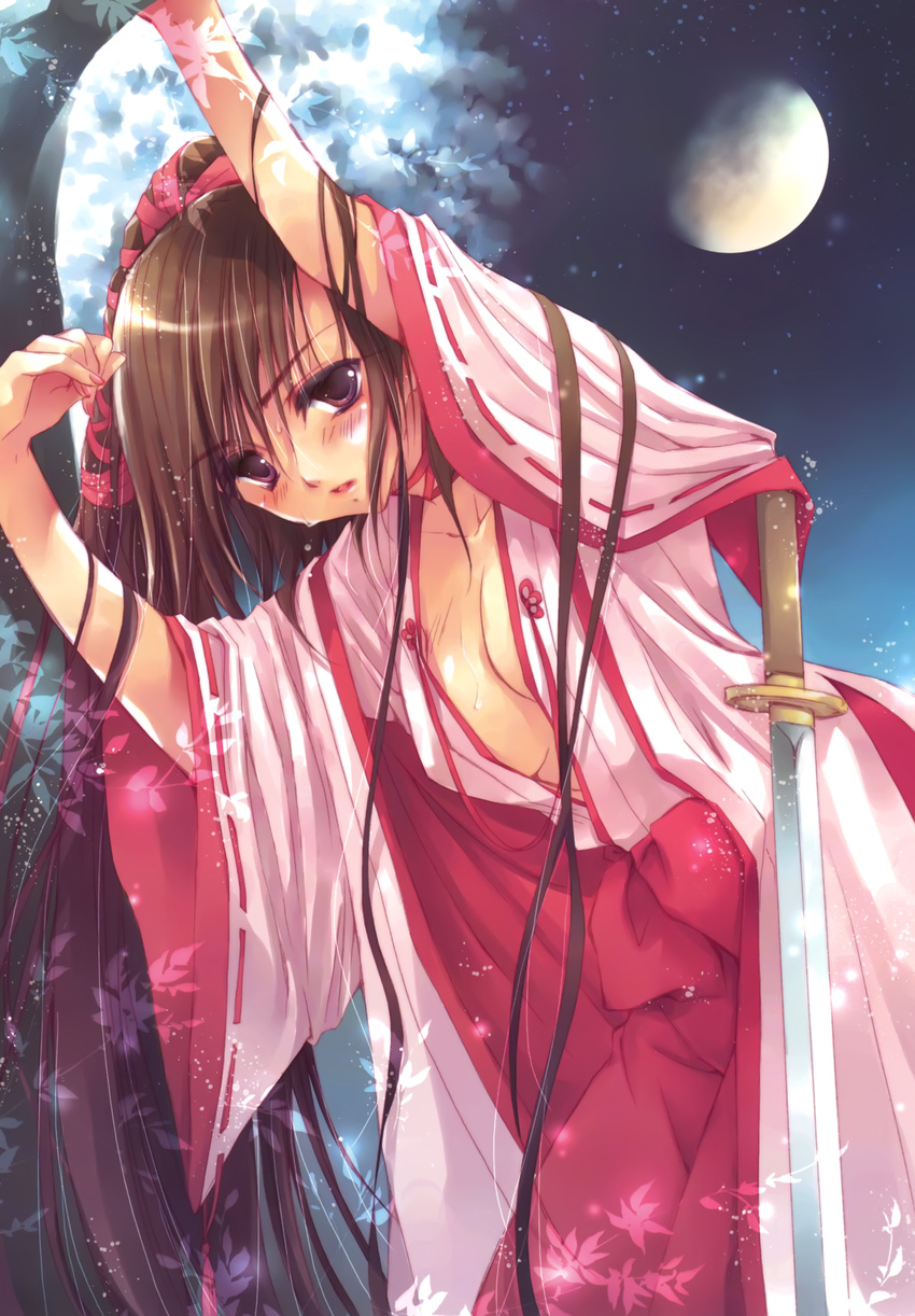 absurdres aquarian_age blush breasts brown_eyes brown_hair character_request hayase_akira highres japanese_clothes long_hair medium_breasts miko moon night ribbon solo sword weapon